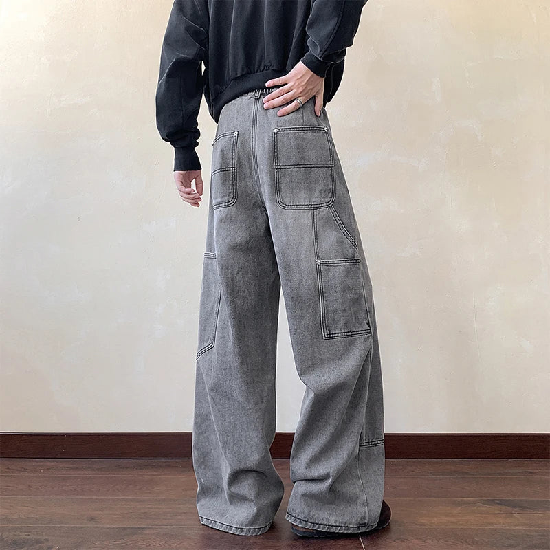 Y2k Black Baggy Cargo Jeans Trousers Men's Vintage Multi-Pocket Cargo Jeans Y2K Vintage Distressed Baggy Denim Pants Wide Leg
