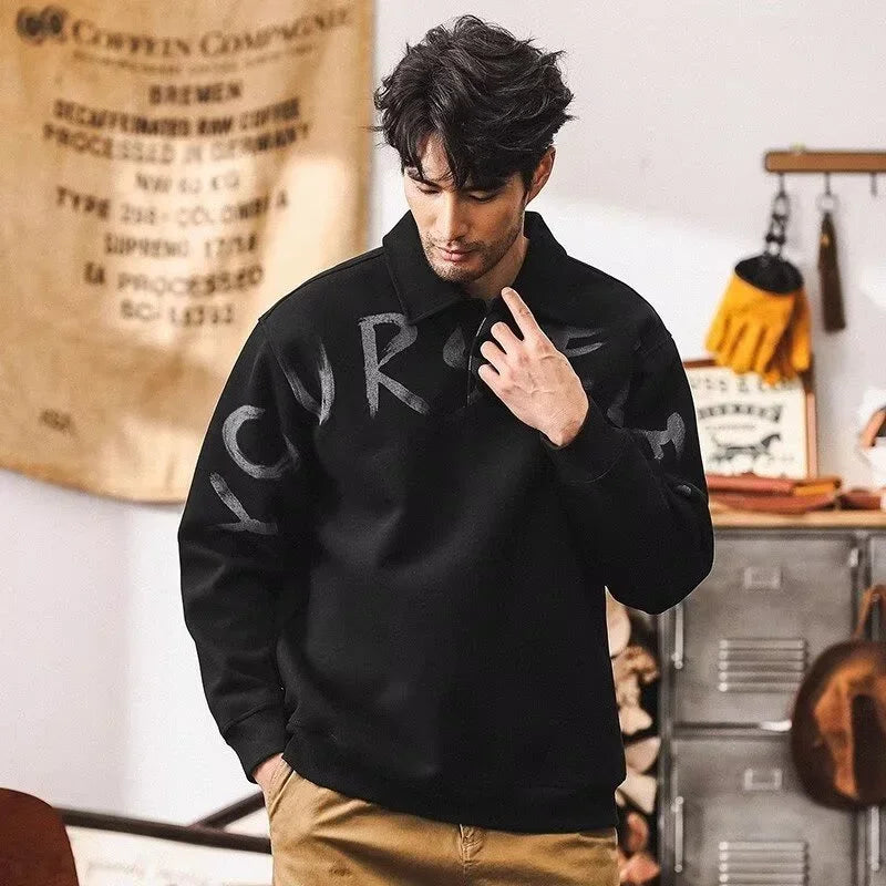 New High Street Letter Print Sweatshirts For Men Autumn Casual Long Sleeve Polo Shirts Y2K Vintage Oversized Lapel Hoodies
