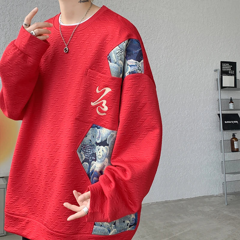 New Men's Pullover Sweatshirt Harajuku Embroidered Bear Pattern Loose Casual Round Neck Sweatshirts Unisex Fashion Hoodie 5XL