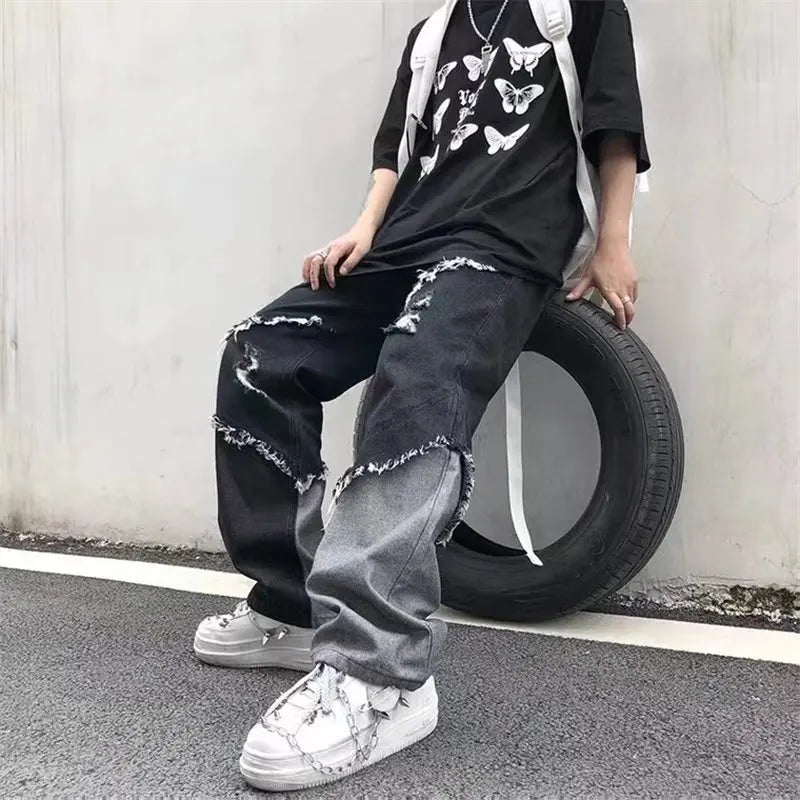 Mens Jeans Pants With Hole Casual Vintage Straight Leg Korean Fashion Streetwear Harajuku Trousers
