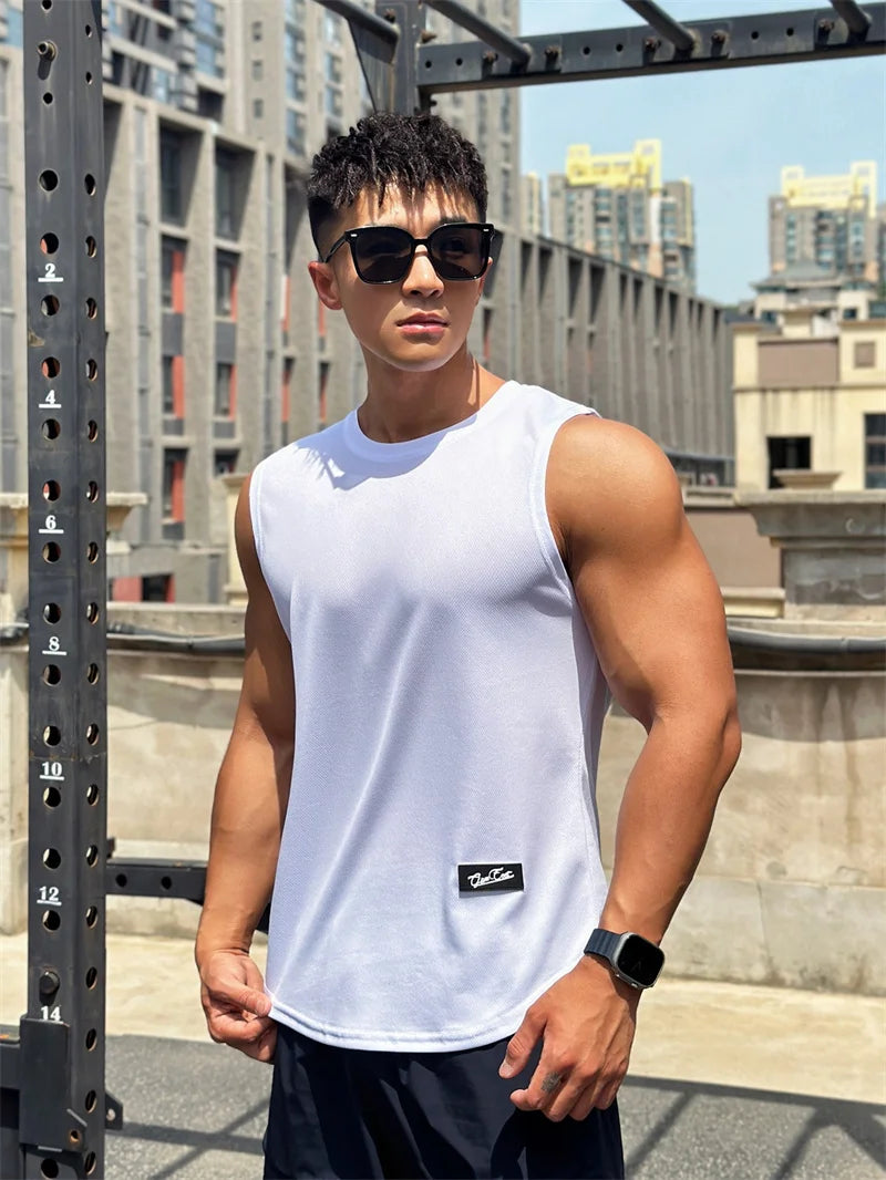2023 Summer New Trend Men's Pullover Round Neck Mesh Bottom Sports Fitness running Top Sleeveless Tank Top Quick Drying