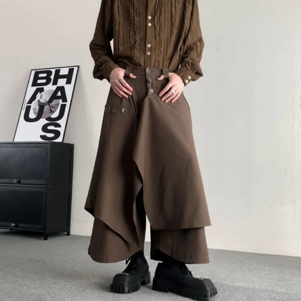 Y2k Double-Layer Irregular Casual Skirt Pants Genderless Japanese Streetwear Side Hem Design Versatile Samurai Skirt Unisex