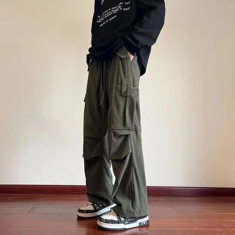 2024 New Corduroy Cargo Pants Men Y2K Vintage Baggy Wide-leg Trousers Straight Casual High Street Army Green Pantalones Hombre