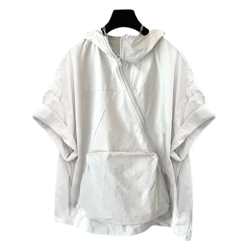 Trendy Zip-Up Hooded Short Sleeve Men's T-Shirt Korean Style Loose Fit Large Pocket Summer Casual Tops