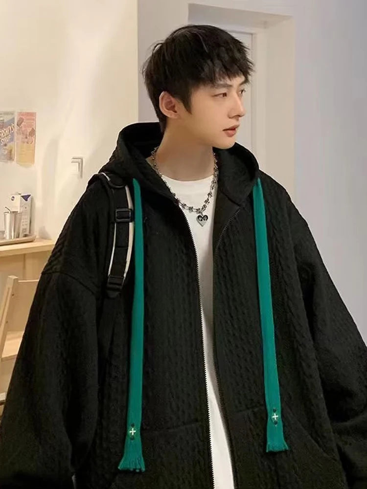 Korean Fashion Waffle Zipper Hooded Sweatshirt Men's Autumn Casual Oversized Y2K Hoodies 2026 New High Street Vintage Jacket