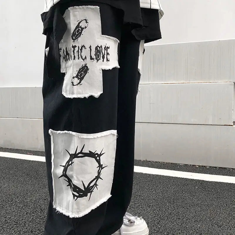 2024 Y2K Wide Leg Pants Black Cargo Trousers Male Hip Hop White Casual Harajuku Gothic Japanese Streetwear Patchwork 5XL