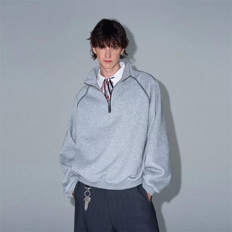 Autumn Texture Stand Collar Half Zipper Sweatshirts Men's High Street Fashion Long Sleeve Pullover Hoodie Y2K Vintage Tracksuit