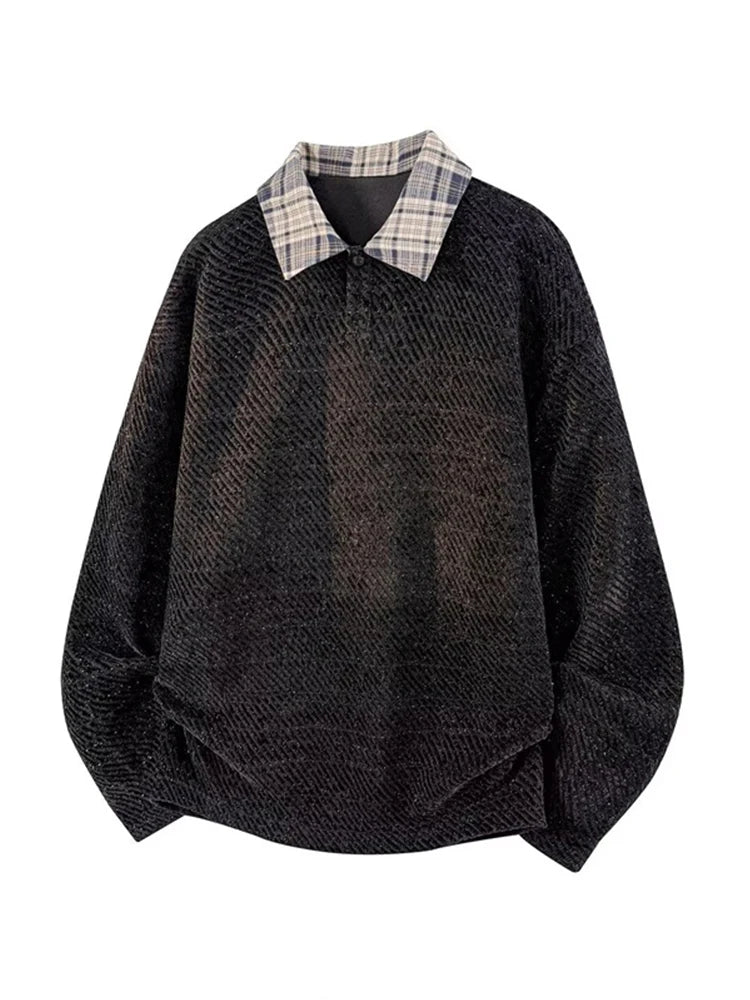 Autumn American Retro Textured Sweatshirts For Man High Street Fashion Long Sleeve Polo T-shirts Casual Y2K Pullover Hoodie