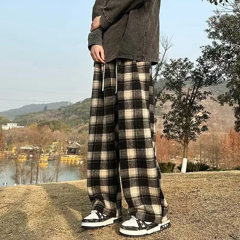 Vintage American Style Tweed Plaid Men's Pants Loose Straight Wide Leg Casual Trousers Trendy Brand Punk Rock Streetwear