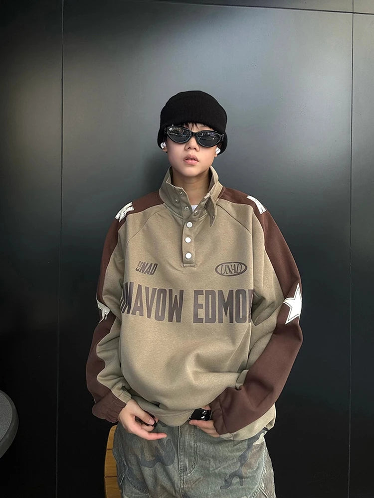 Autumn Stand-up Collar Patchwork Sweatshirts For Men Letter Printed Motorcycle Style Pullover Hoodies Y2K Streetwear Tracksuit
