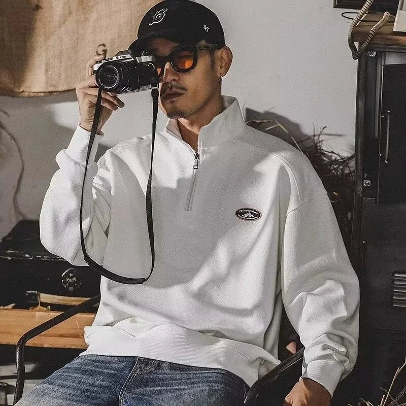 American Casual Long Sleeve Half Zipper Sweatshirts For Men High Street Appliques Henley Neck Tracksuit Y2K Streetwear Sudaderas
