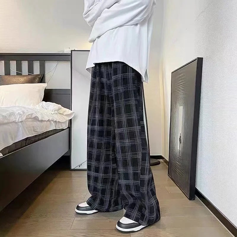 2024 Autumn Corduroy Pants Men Casual Plaid Straight Pant Male Hip Hop Male Loose Trousers for Man