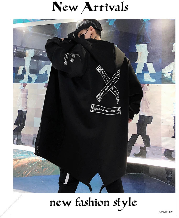 2024 Spring Autumn Men Hooded Jackets Print Harajuku Windbreaker Ribbon Overcoat Male Casual Outwear Hip Hop Streetwear Coats