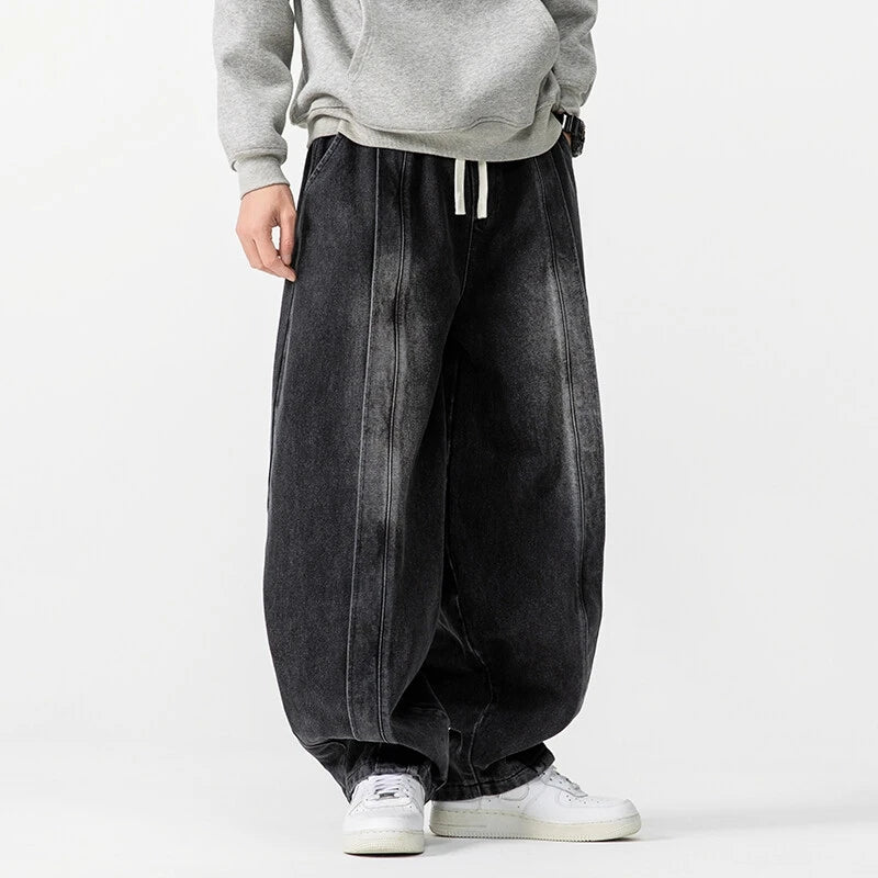 New Loose Style Men Jeans Pants Vintage Harem Denim Wide Leg Pants Mens Straight Oversized Fashion Jeans Elastic Waist Trousers