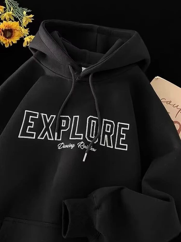New EXPLORE Letter Printed Hooded Sweatshirts Men's Cotton Fleece Oversized Pullover Hoodies Y2K Streetwear Hoody Clothes