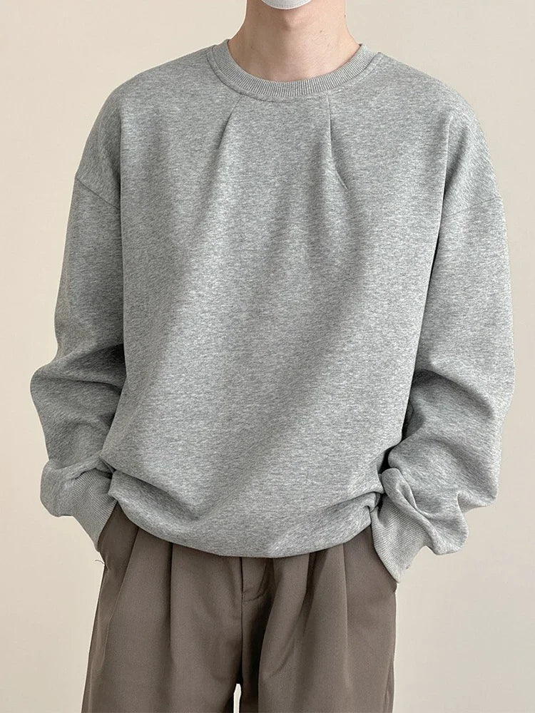 2026 Korean Fashion Crewneck Sweatshirts For Men Casual Design Pullover Y2K Hoodies Solid Color Streetwear Long Sleeve Tops