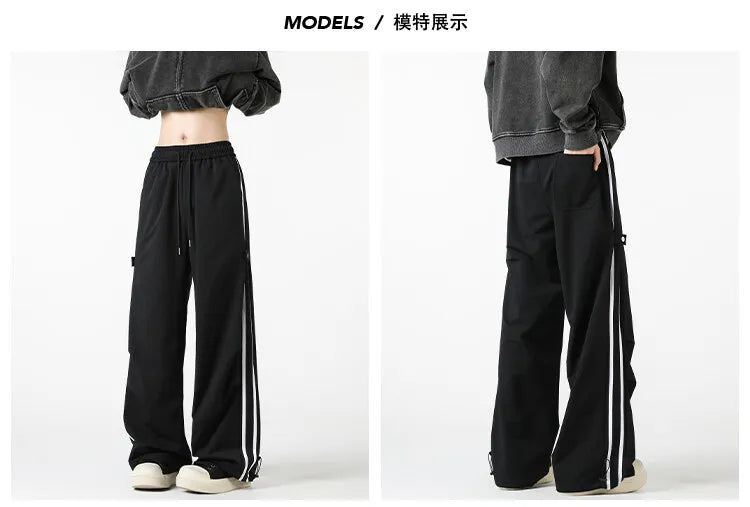 Casual Baggy Cargo Pants Y2K Side Striped Sweatpants Wide Leg Straight Casual Pants Unisex Men trousers Drawstring Pants 5XL