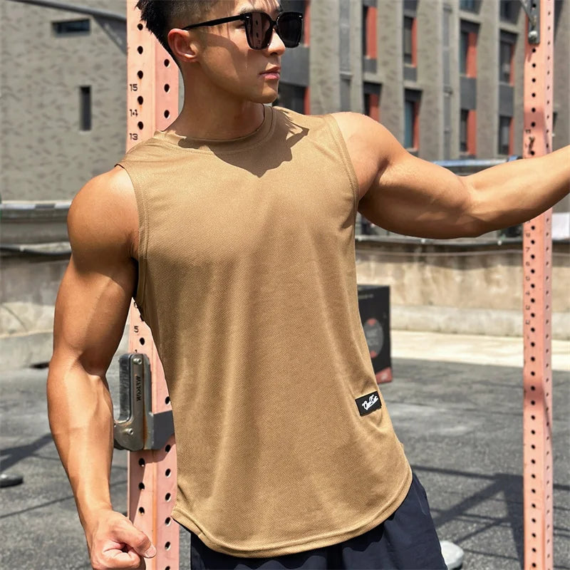 2023 Summer New Trend Men's Pullover Round Neck Mesh Bottom Sports Fitness running Top Sleeveless Tank Top Quick Drying