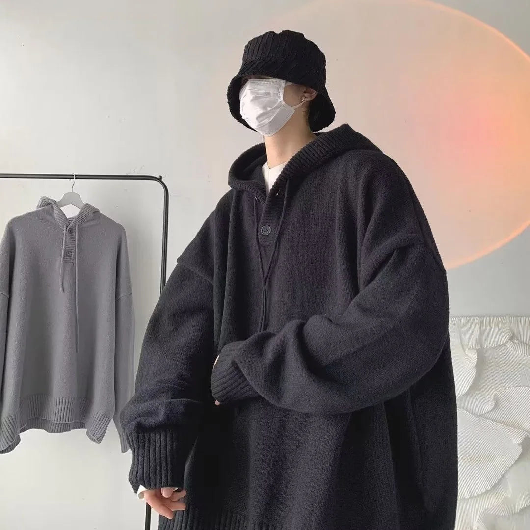 Men Sweater Streetwear Vintage Hooded Sweaters Oversized Pullovers Men Cozy Loose College Solid Knitted Tops Streetwear Hoodies