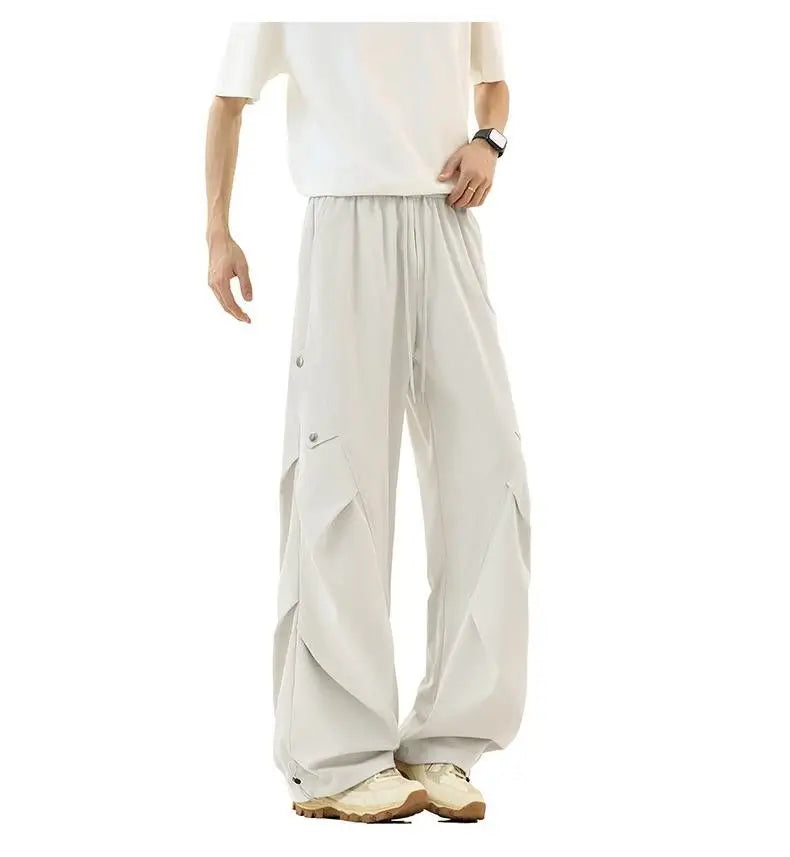 Casual Quick-dry Pants for Men American-style Workwear with Pleats New Summer Thin and Trendy Loose Straight-leg Pants