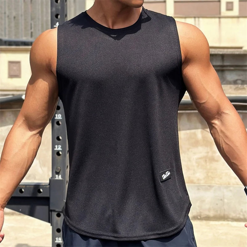 2023 Summer New Trend Men's Pullover Round Neck Mesh Bottom Sports Fitness running Top Sleeveless Tank Top Quick Drying
