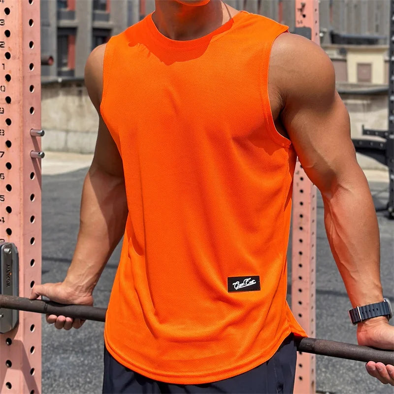 2023 Summer New Trend Men's Pullover Round Neck Mesh Bottom Sports Fitness running Top Sleeveless Tank Top Quick Drying