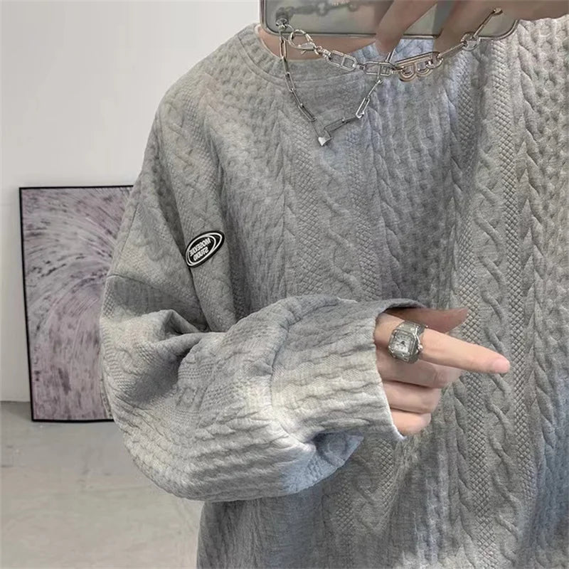 Autumn Men's Oversized Waffle Crewneck Sweatshirts Appliques Long Sleeve Pullover Hoodies Korean Fashion Y2K Streetwear Sudadera