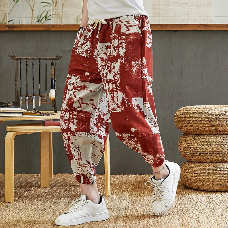 Baggy Cotton Harem Pants Men 2024 Summer Japanese Men Women Hip Hop Plus Size Wide Leg Pants Bloomers Calf-Length Pants Joggers