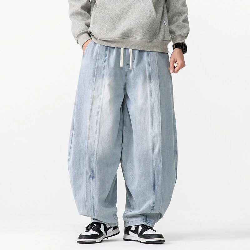New Loose Style Men Jeans Pants Vintage Harem Denim Wide Leg Pants Mens Straight Oversized Fashion Jeans Elastic Waist Trousers