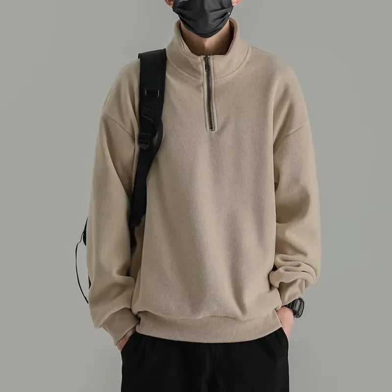 Men's Polar Fleece Half-zip Turtleneck Sweatshirts Korean Fashion Loose Pullover Hoodies New Y2K Vintage Streetwear ropa hombre