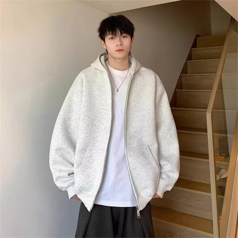 Winter Men's Fleece Zipper Hooded Sweatshirts 2025 New Classic Solid Color Oversized Hoodies Y2K Streetwear Outerwear Tracksuit