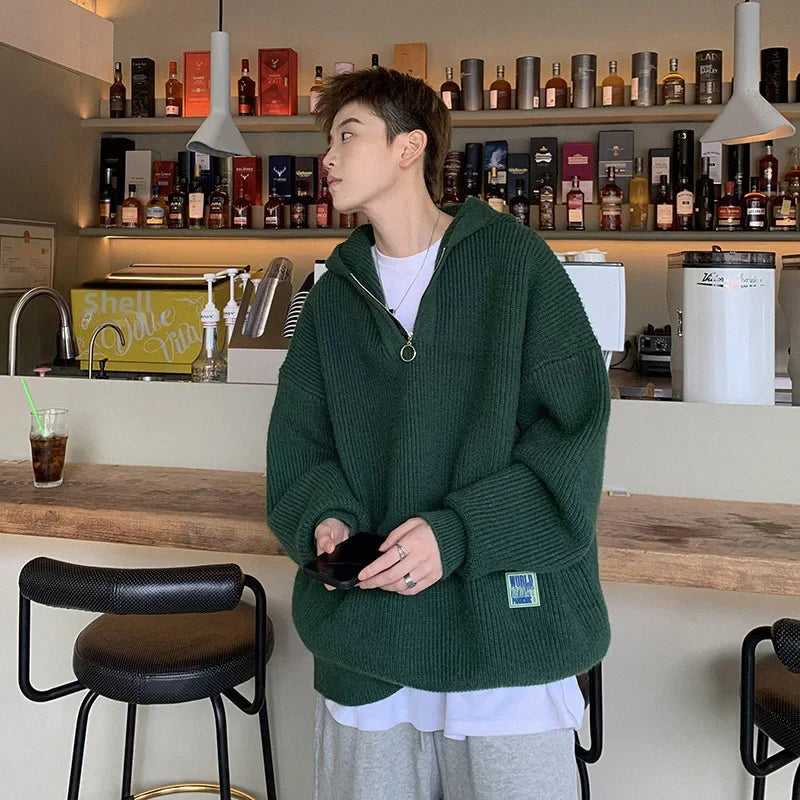 Men's Half-zip Hooded Sweater Winter Loose-fit Trendy Knitted Top Solid Color Simple Casual Line Cloth Pullovers