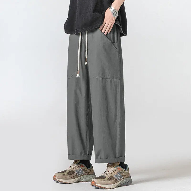 Summer Cotton Casual Pants Men Oversized Wide Leg Pants Men Japanese Streetwear Hip-hop Loose Straight Pants Men Trousers M-3XL