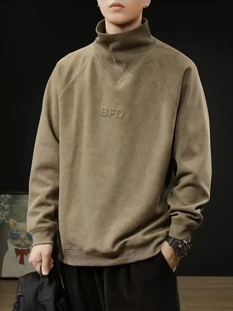 Autumn Suede Turtleneck Long Sleeve Sweatshirts Men Letter Foam Print Patchwork Crewneck Pullover Hoodie Y2K Streetwear Clothes