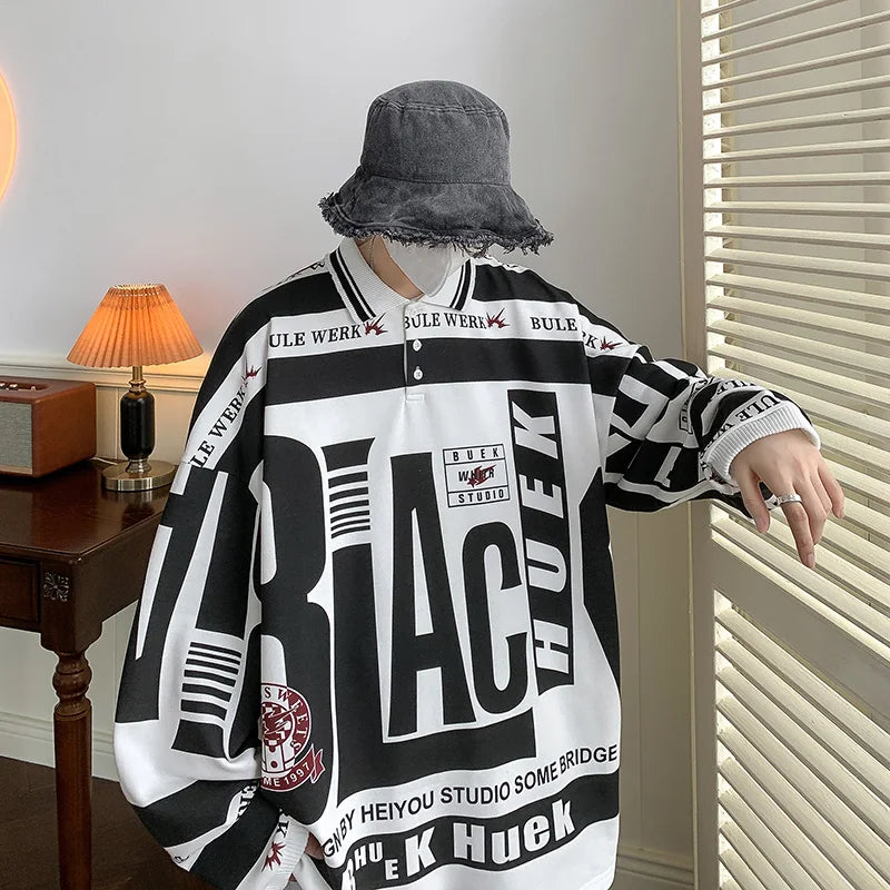 Turn-down Collar Mens Sweatshirts Long Sleeve 2026 Streetwear Harajuku Printed Hoodies Vintage Korean Oversized Outwear