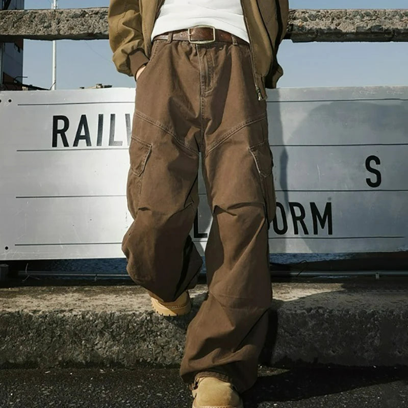 Spring Autumn Big Pocket Men's Cargo Pants Loose Straight Wide Leg Trousers Baggy Outdoor Workwear Pants Man Hip Hop Sweatpants