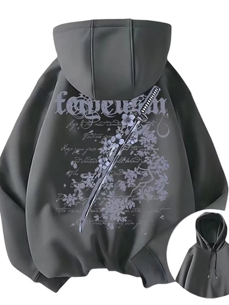 New Japanese Cherry Blossom Sword Graphic Y2K Hoodies Men's Cotton Fleece Oversized Hooded Sweatshirts Hip Hop Streetwear Hoody