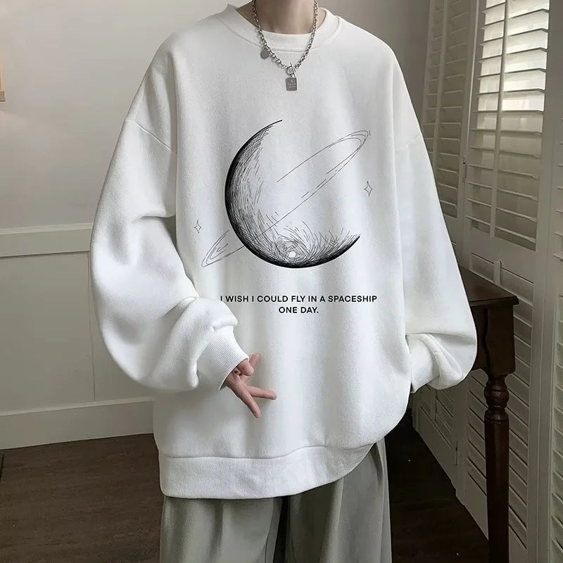 Spring Gothic Moon Printed Long Sleeve Sweatshirts Men's Hip Hop Fashion Graphic Pullover Hoodies Y2K Streetwear Sudaderas