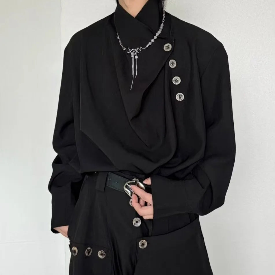 Casual Loose Fit Men's Shirt Stand Collar Asymmetrical Design Vintage Feel Comfortable Summer Casual Shirt Male Model