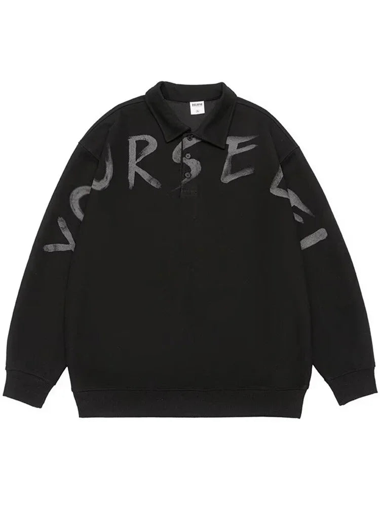 New High Street Letter Print Sweatshirts For Men Autumn Casual Long Sleeve Polo Shirts Y2K Vintage Oversized Lapel Hoodies