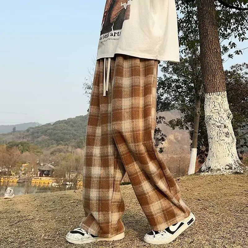 Vintage American Style Tweed Plaid Men's Pants Loose Straight Wide Leg Casual Trousers Trendy Brand Punk Rock Streetwear