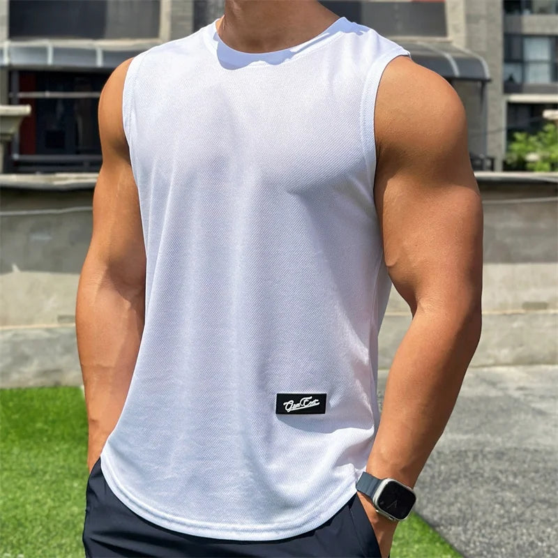 2023 Summer New Trend Men's Pullover Round Neck Mesh Bottom Sports Fitness running Top Sleeveless Tank Top Quick Drying
