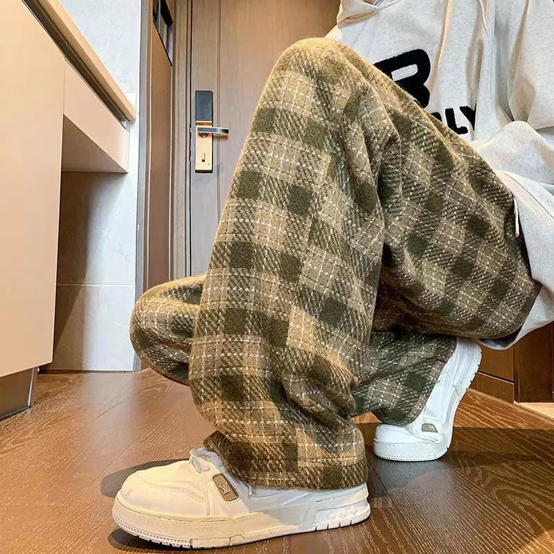 Green Plaid Pants Men Harajuku Winter Wide Leg Checked Trousers Male Oversize Big Size Casual Sweatpants Streetwear