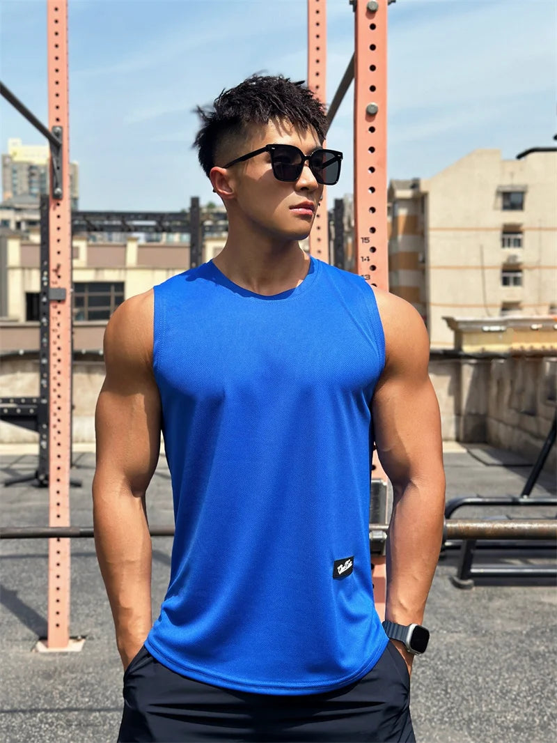 2023 Summer New Trend Men's Pullover Round Neck Mesh Bottom Sports Fitness running Top Sleeveless Tank Top Quick Drying