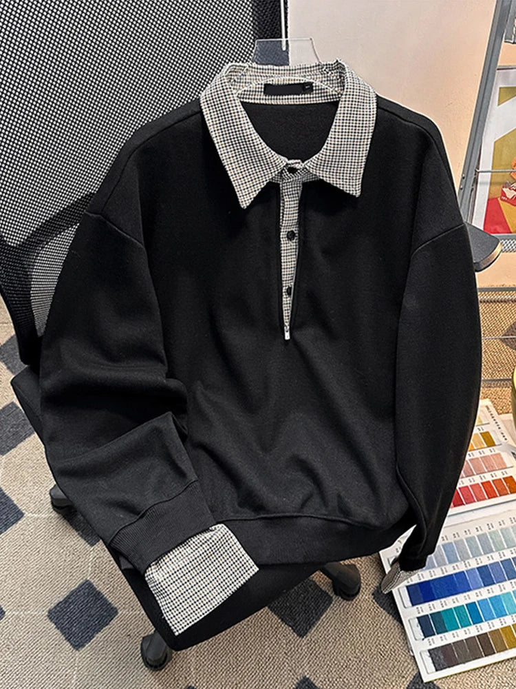 Spring Plaid Polo Neck Half-Zip Sweatshirts For Men Casual Fake Two-Piece Pullover Hoodies 2026 New High Street Y2K Tracksuit