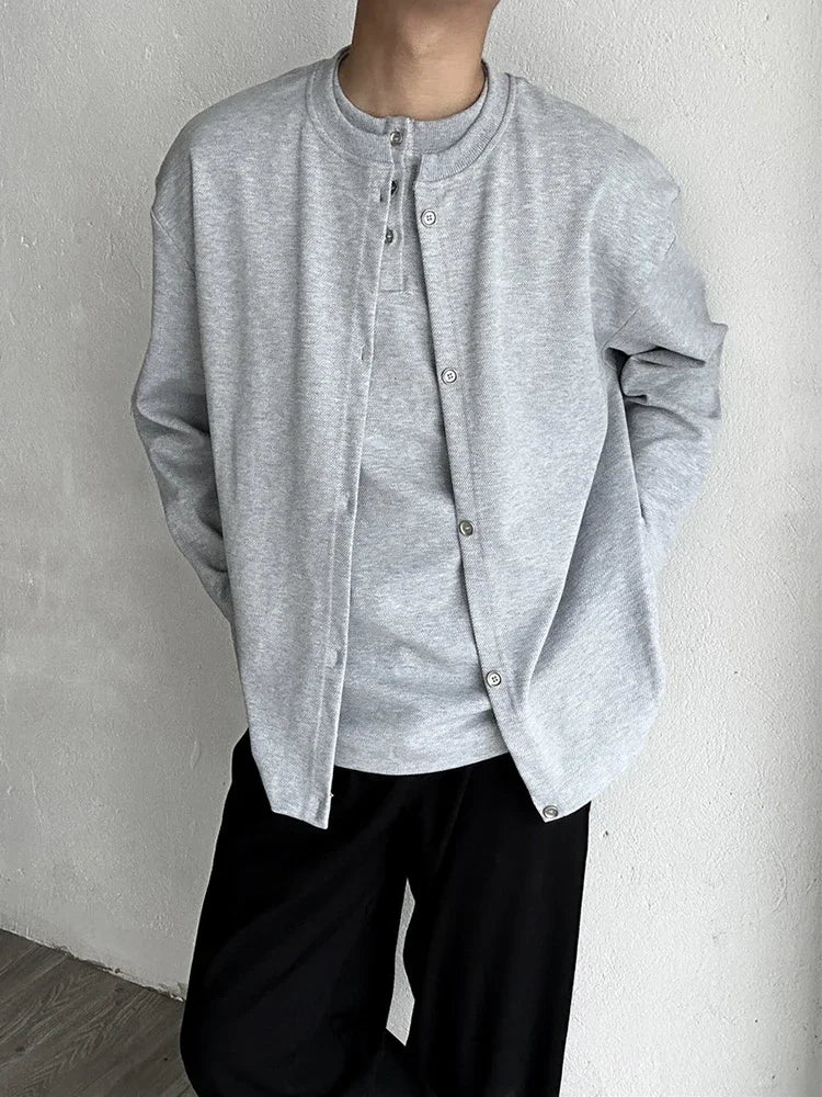 2025 New Casual Fake Two-piece Sweatshirts For Men Solid Color Henley Neck Button Jackets Korean Fashion Loose Y2K Sudaderas