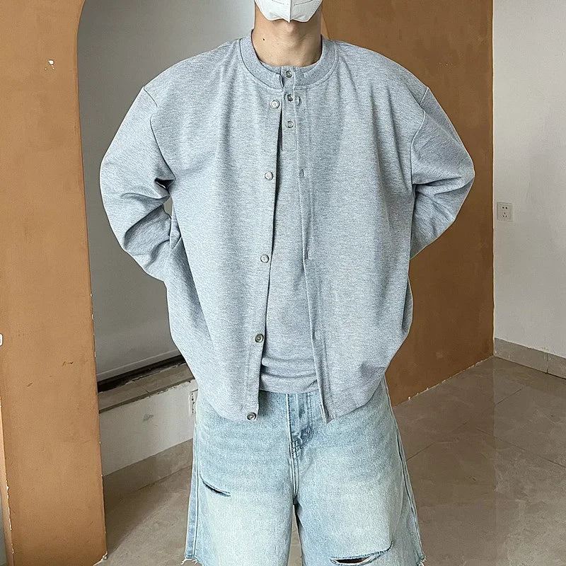 2025 New Casual Fake Two-piece Sweatshirts For Men Solid Color Henley Neck Button Jackets Korean Fashion Loose Y2K Sudaderas
