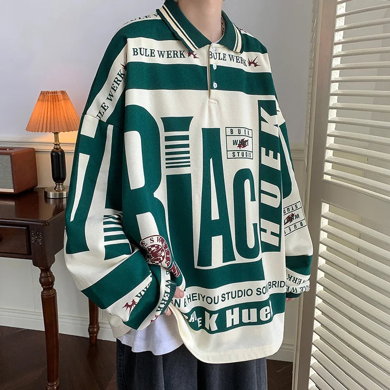 Turn-down Collar Mens Sweatshirts Long Sleeve 2026 Streetwear Harajuku Printed Hoodies Vintage Korean Oversized Outwear