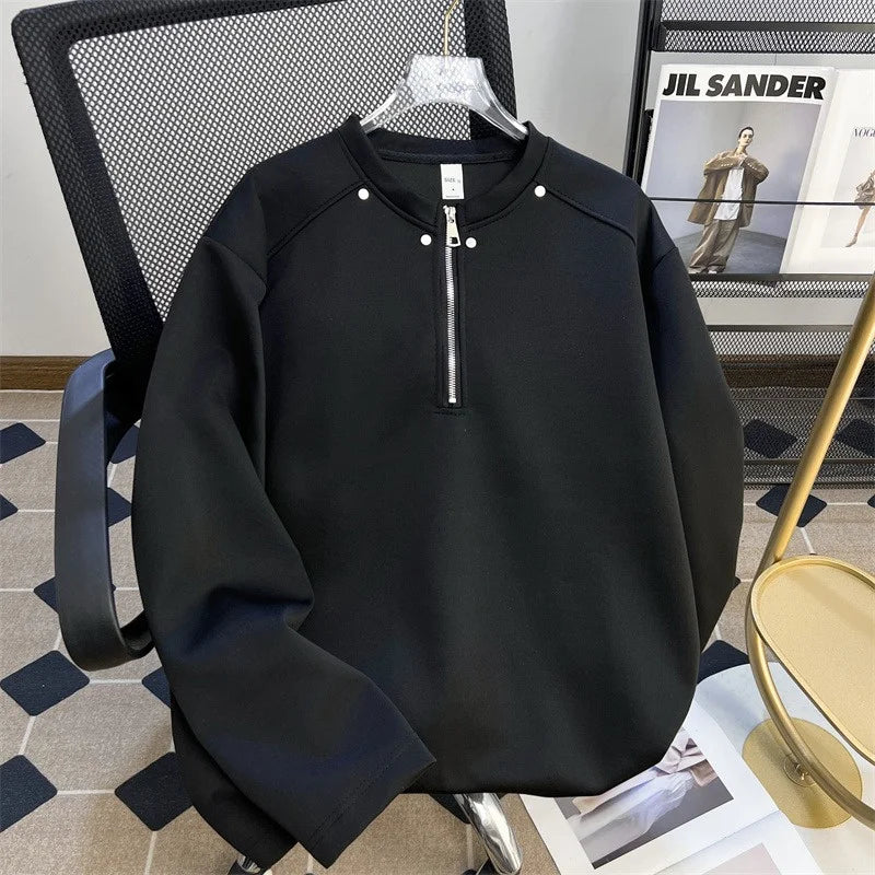 Autumn Casual Half-zip Long Sleeve Sweatshirts Men's Hip Hop Fashion Rivet Design Loose Tracksuit High Street Y2K O-Neck Hoodie