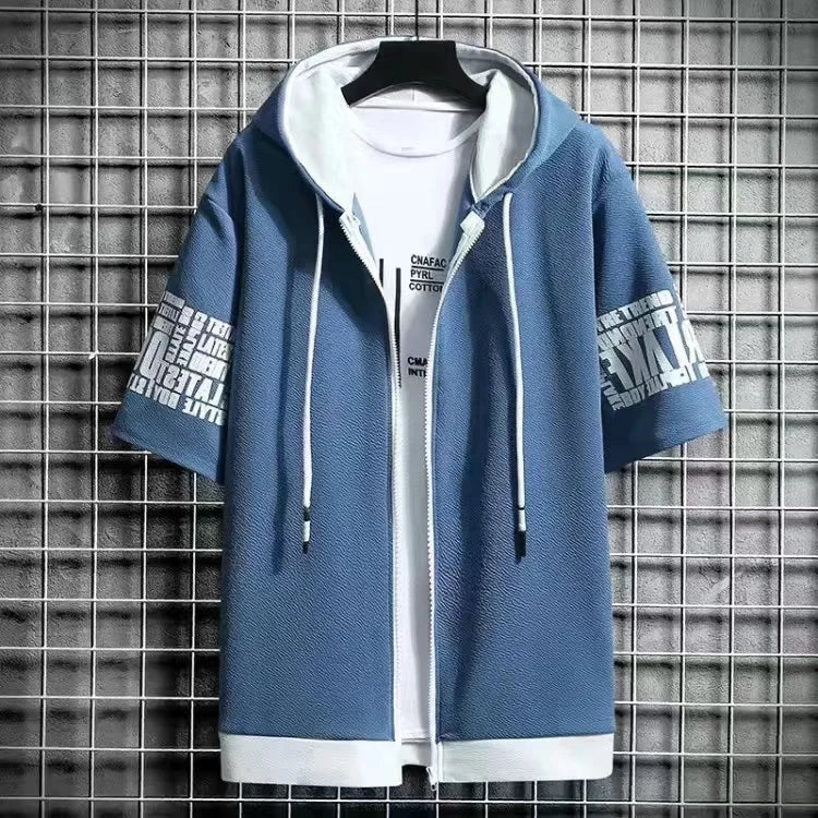 Men Sets 2 Pieces Tracksuit Summer Short Sleeve Hooded Tops +Shorts Streetwear Loose Mens Suit Casual Zipper Hip Hop Sportswear